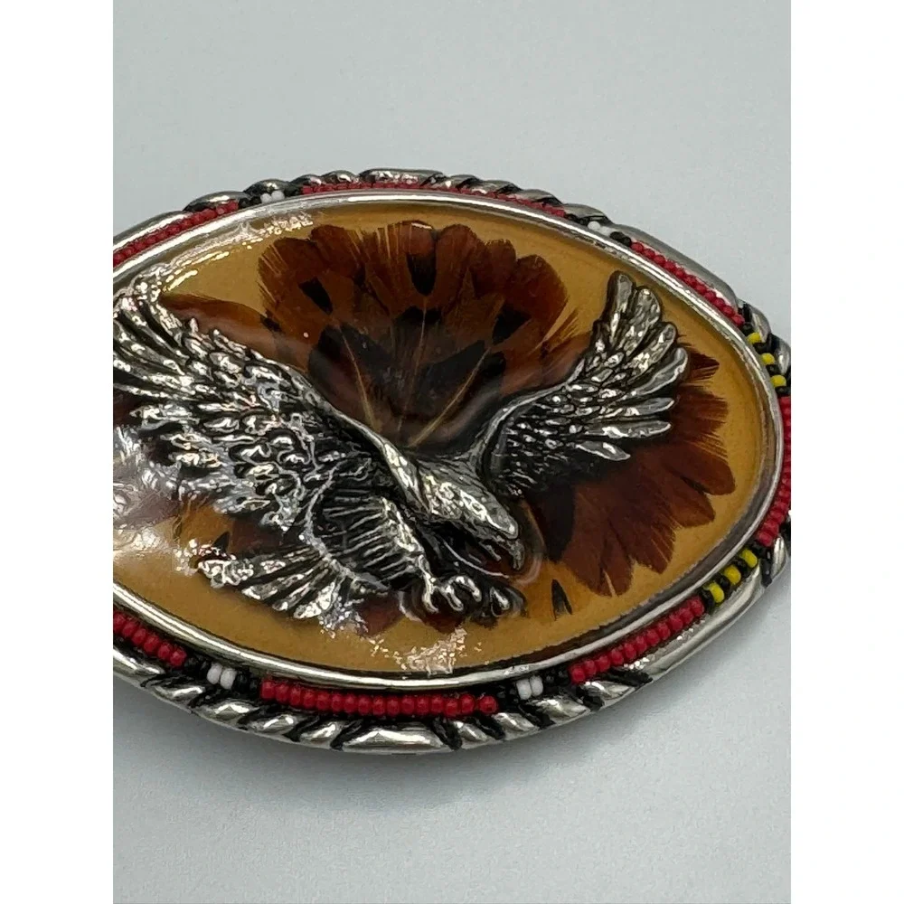 Vintage Western Eagle Feather Resin Belt Buckle Beaded Rope Edge Silver Tone
